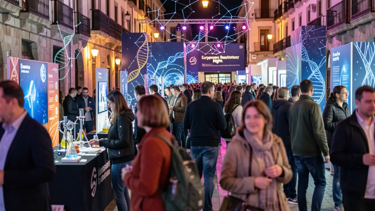 Generic image of the European Researchers' Night in Madrid, with people interacting with science exhibits and colorful lights.