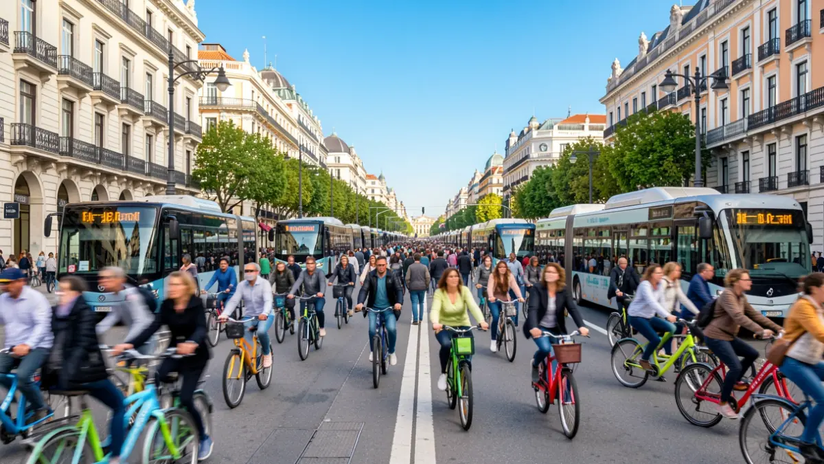 Imagen genérica de la Semana Europea de la Movilidad en Madrid con autobuses eléctricos y gente en bicicleta.