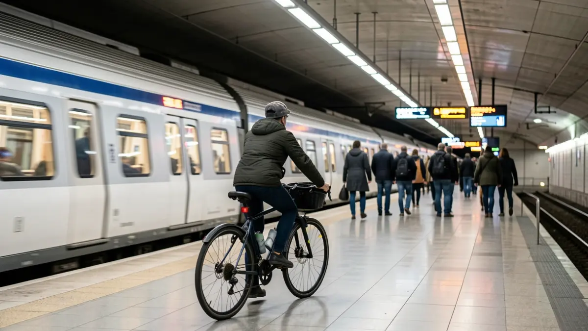 Cyclist with bicycle on a Madrid Metro platform during European Mobility Week.