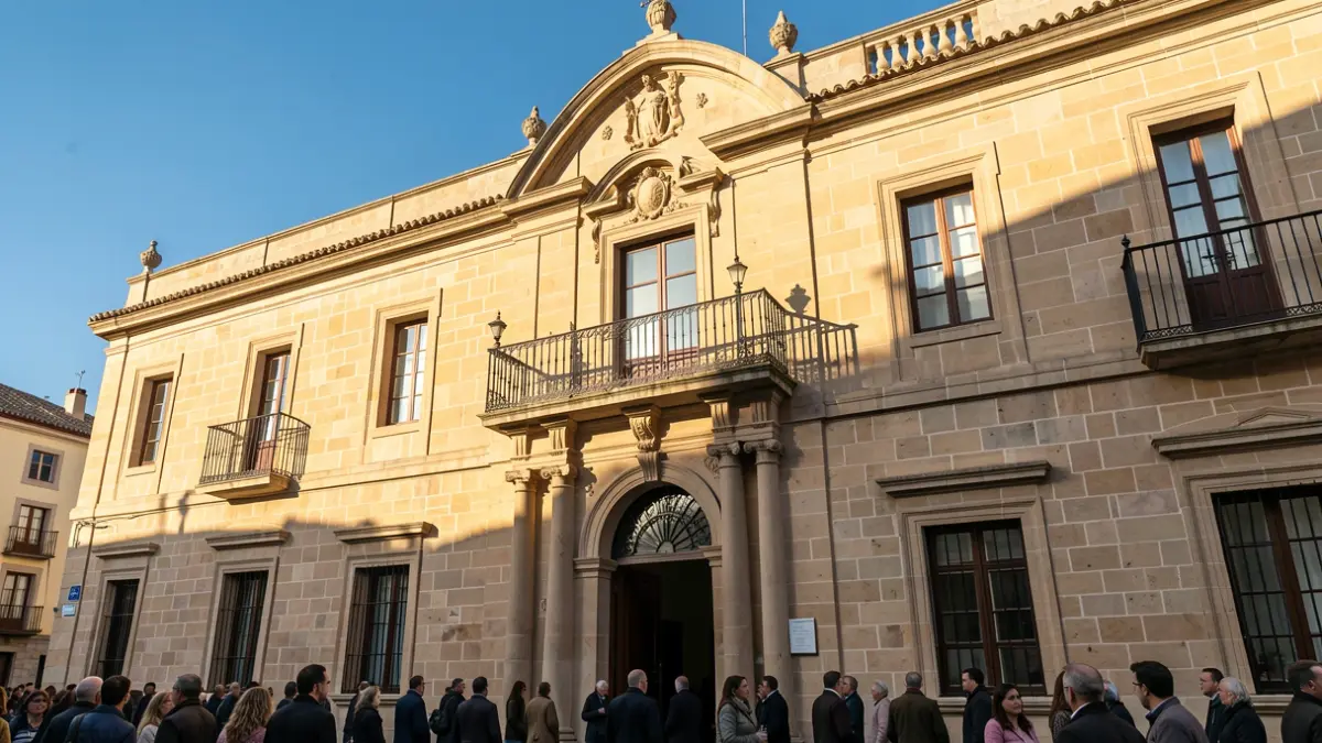 Facade of a traditional stone town hall in Madrid with balcony and iron railings, warm afternoon light, blue sky.
