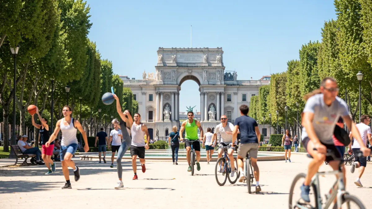 Imagen genérica de una celebración deportiva en el Parque del Retiro de Madrid, con gente practicando deportes y la Puerta de Alcalá al fondo.