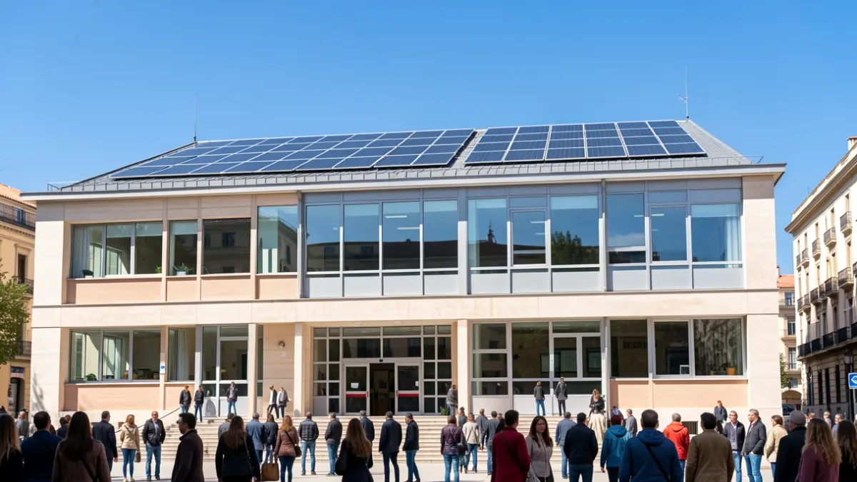 Fachada de un colegio público en Madrid con mejoras de eficiencia energética y accesibilidad.