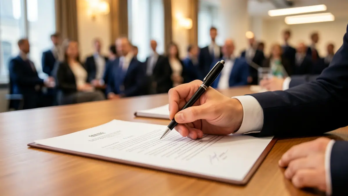 Generic image of a hand signing an official document on an office desk.