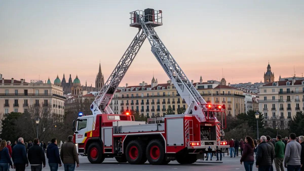 Image of a fire truck with an extended ladder against the Madrid skyline at dusk.