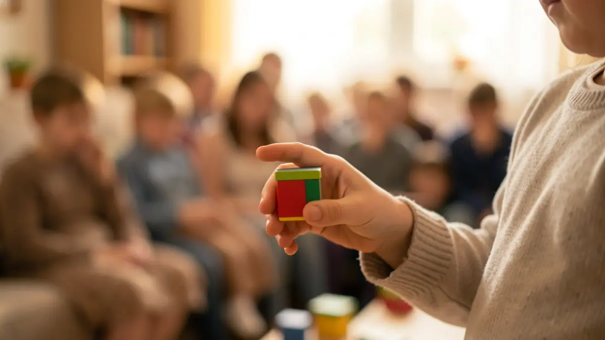 Imagen de una mano infantil sosteniendo un bloque de juguete, simbolizando el acogimiento familiar para menores con necesidades especiales.