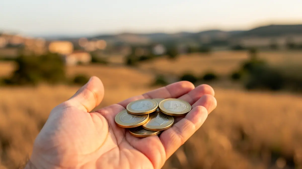 Manos sosteniendo euros con un paisaje rural de la Comunidad de Madrid al fondo.