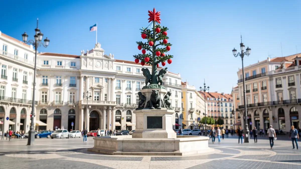 Image of Puerta del Sol square in Madrid, featuring the Casa de Correos building and the Bear and the Strawberry Tree statue.