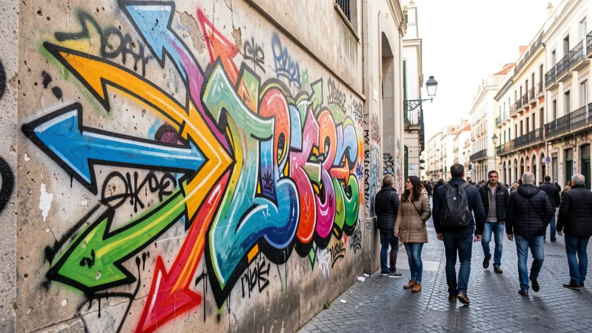 Graffiti with stylized arrows on an urban wall in Madrid.