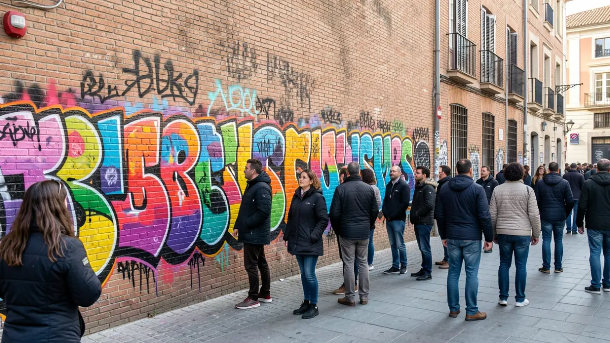 Grafitis coloridos en una pared de ladrillo en Madrid, representando los orígenes de la cultura hip hop.