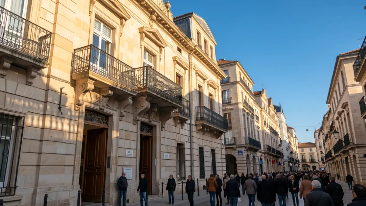Stone facade of a la Comunidad de Madrid town hall with ornate balcony and iron railings, warm afternoon sunlight.