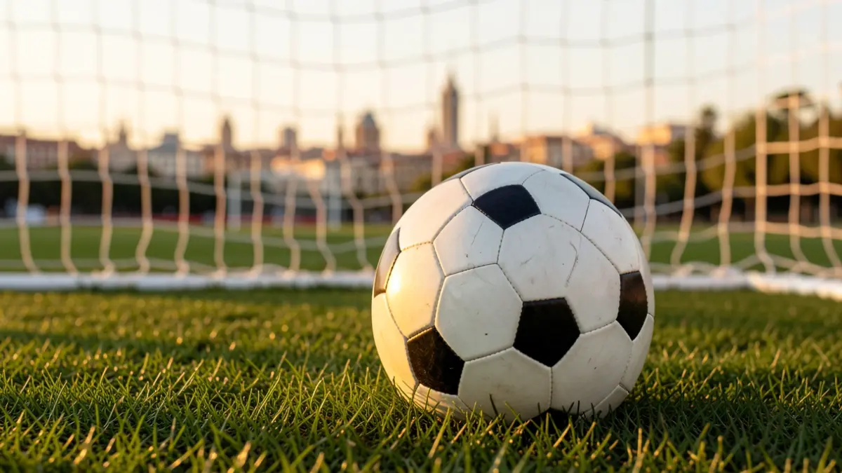 Generic image of a soccer ball on grass with the city of Madrid in the background.