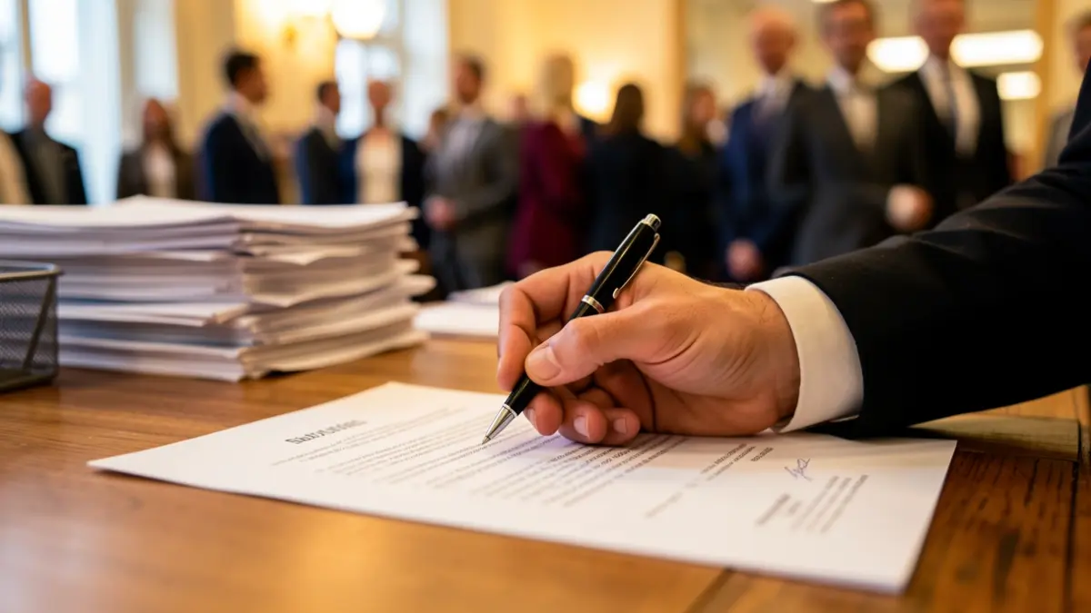 Close-up of a hand signing a document on a wooden desk.