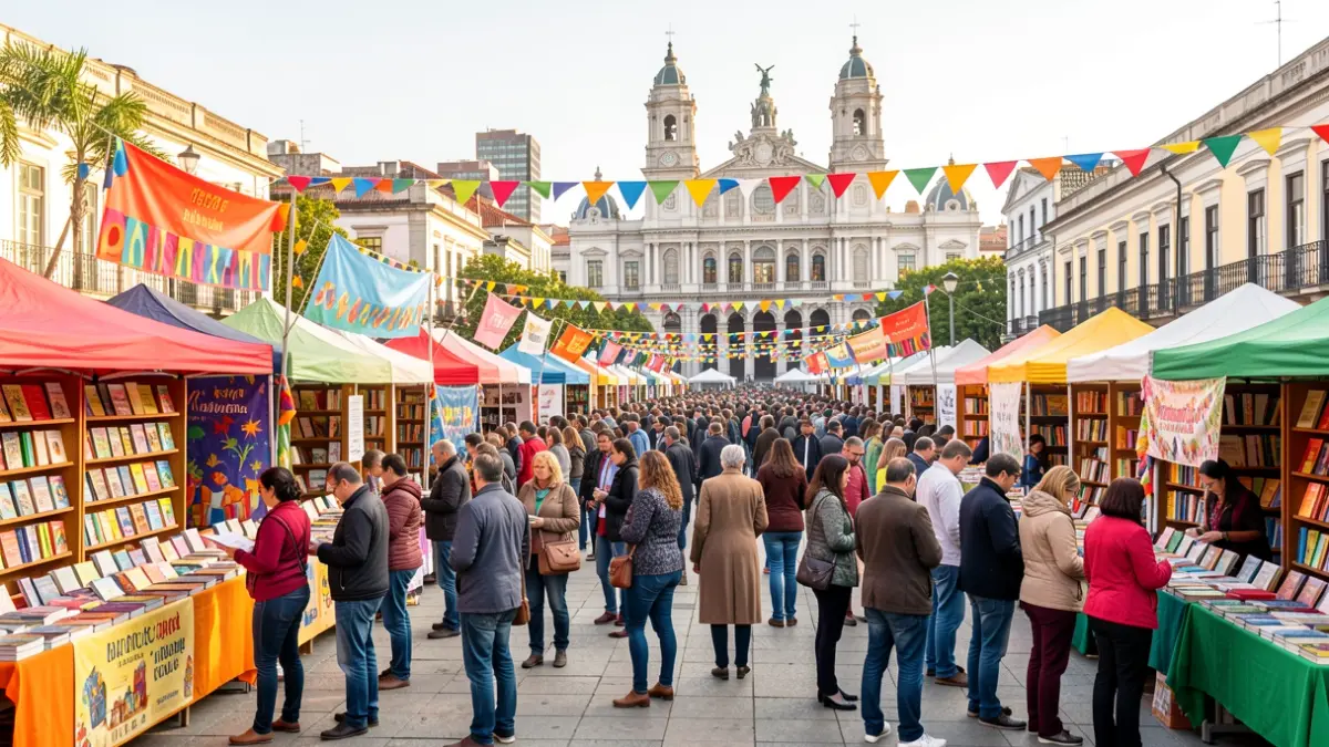 Imagen genérica de una fiesta del libro en Medellín con elementos arquitectónicos de Madrid.