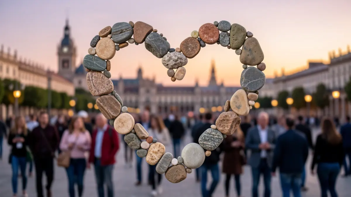 Corazón abstracto formado por piedras de la Comunidad de Madrid, con el skyline de la ciudad al atardecer de fondo.