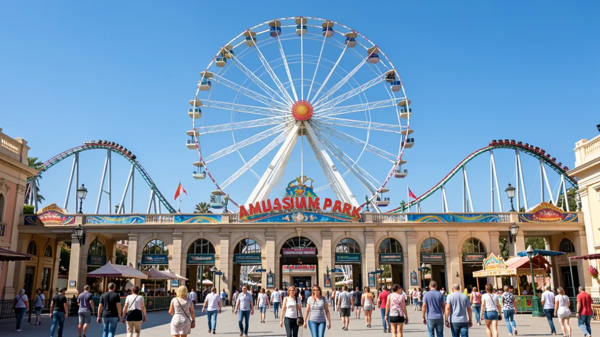 Facade of the Madrid Amusement Park with its Ferris wheel and roller coaster.