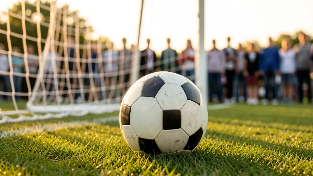 Generic image of a soccer ball on grass with the net in the background.