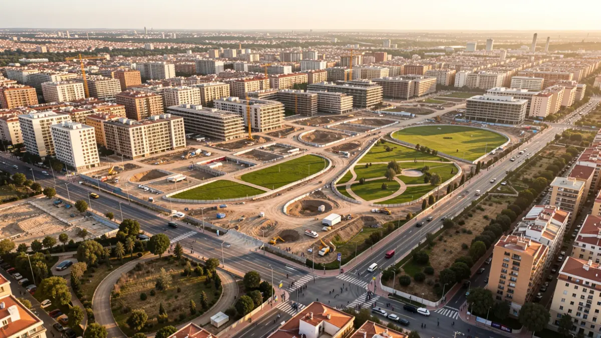 Vista aérea de un gran proyecto de desarrollo urbano en construcción en Madrid, con nuevos edificios, carreteras y zonas verdes.