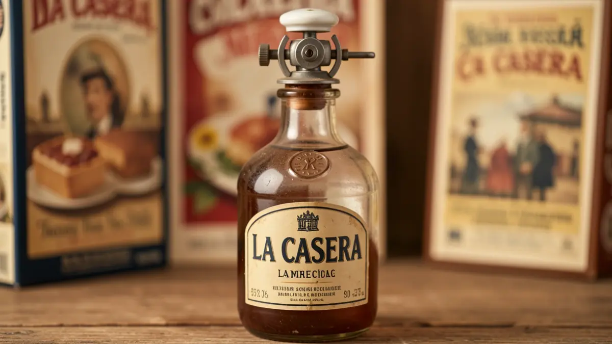 Botella antigua de La Casera con tapón de porcelana sobre una superficie de madera, con carteles históricos borrosos al fondo.