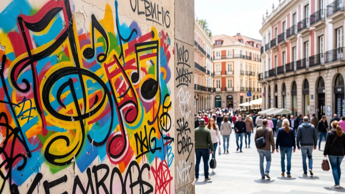 Imagen genérica de un mural urbano con notas musicales y grafitis en Madrid.