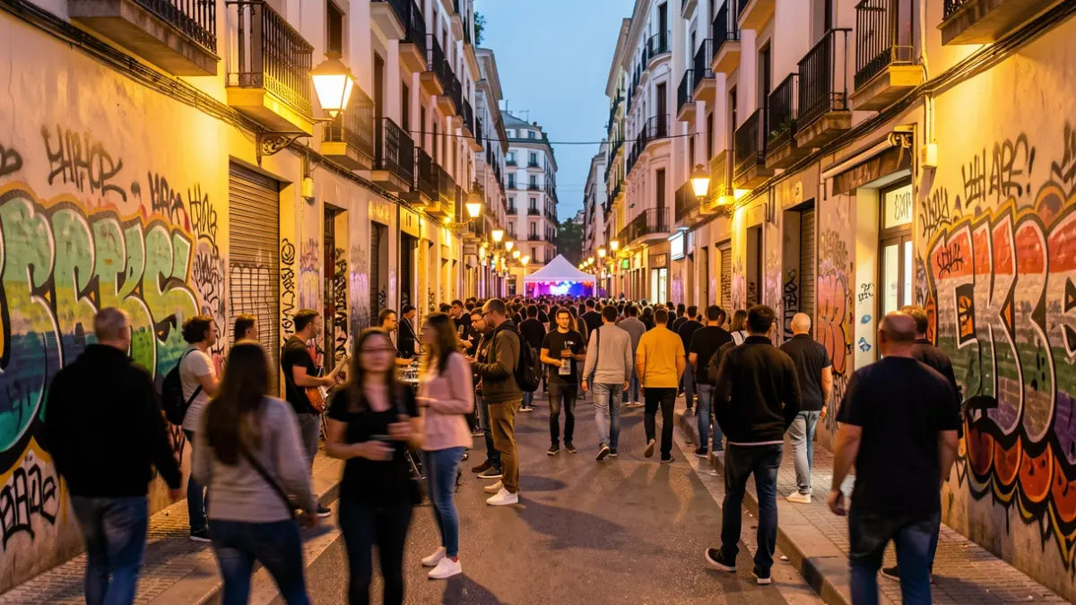 Generic image of a hip-hop festival on a Madrid street with urban art and people enjoying.