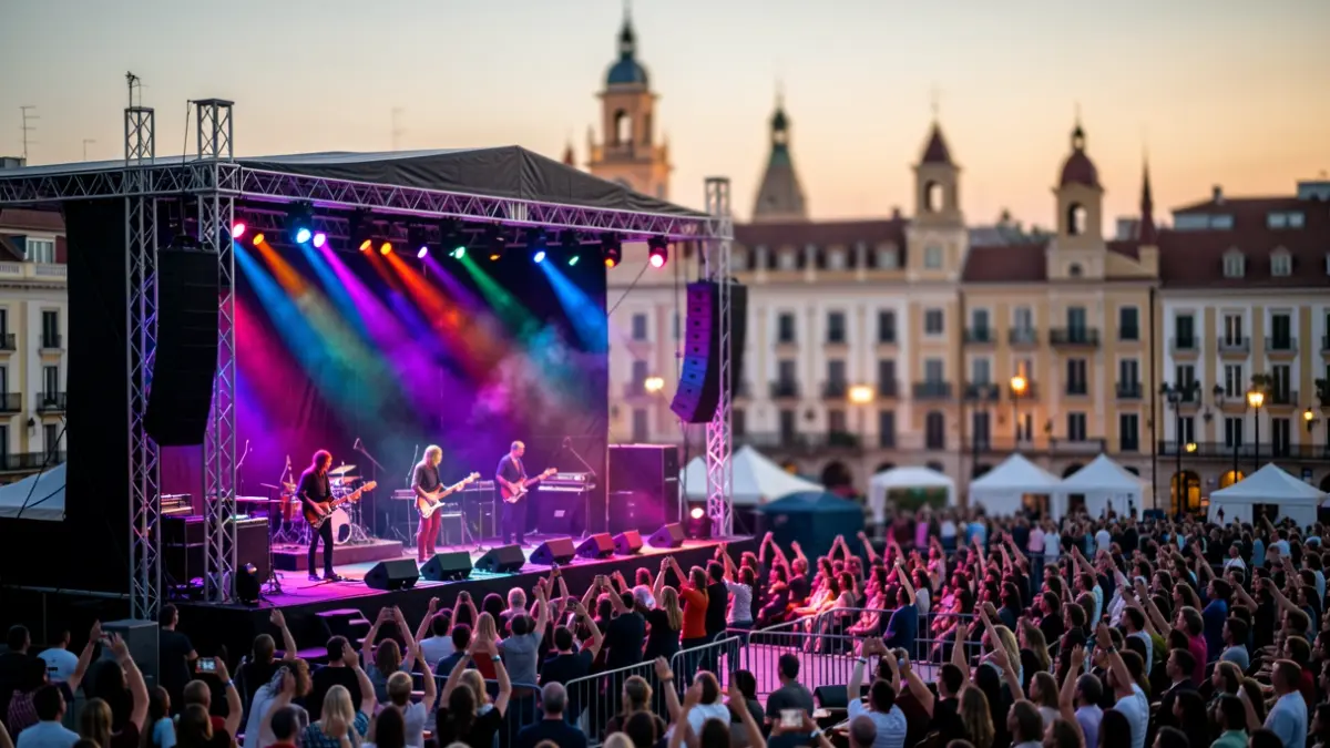 Escenario de concierto al aire libre al atardecer con luces de colores y un fondo urbano de Madrid.