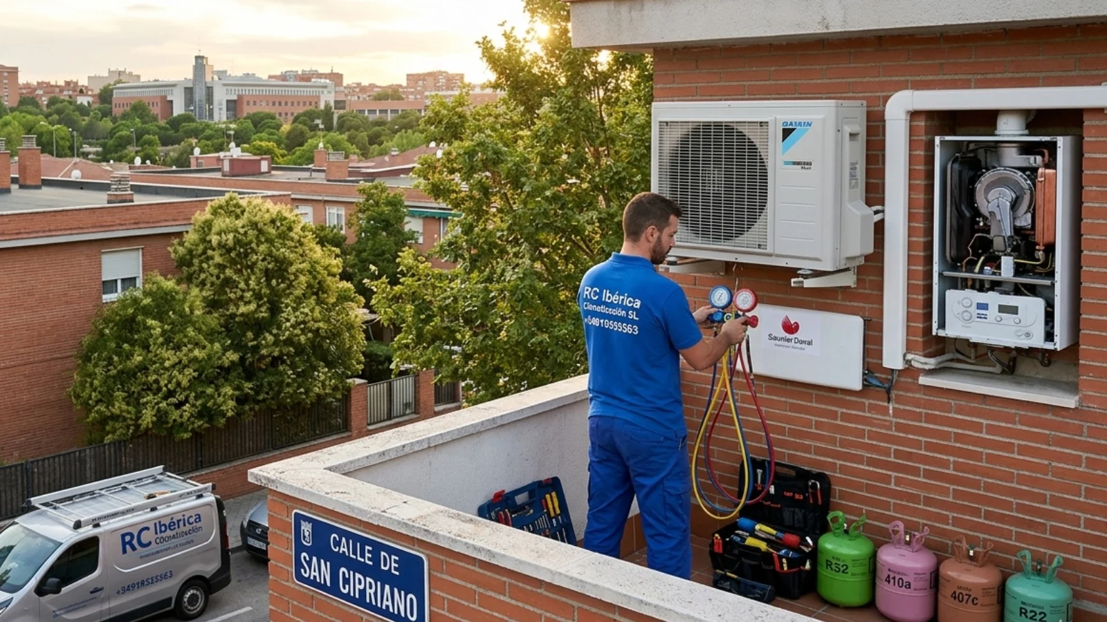 Técnico de RC Ibérica Climatización revisando un aire acondicionado y una caldera en una terraza de Madrid