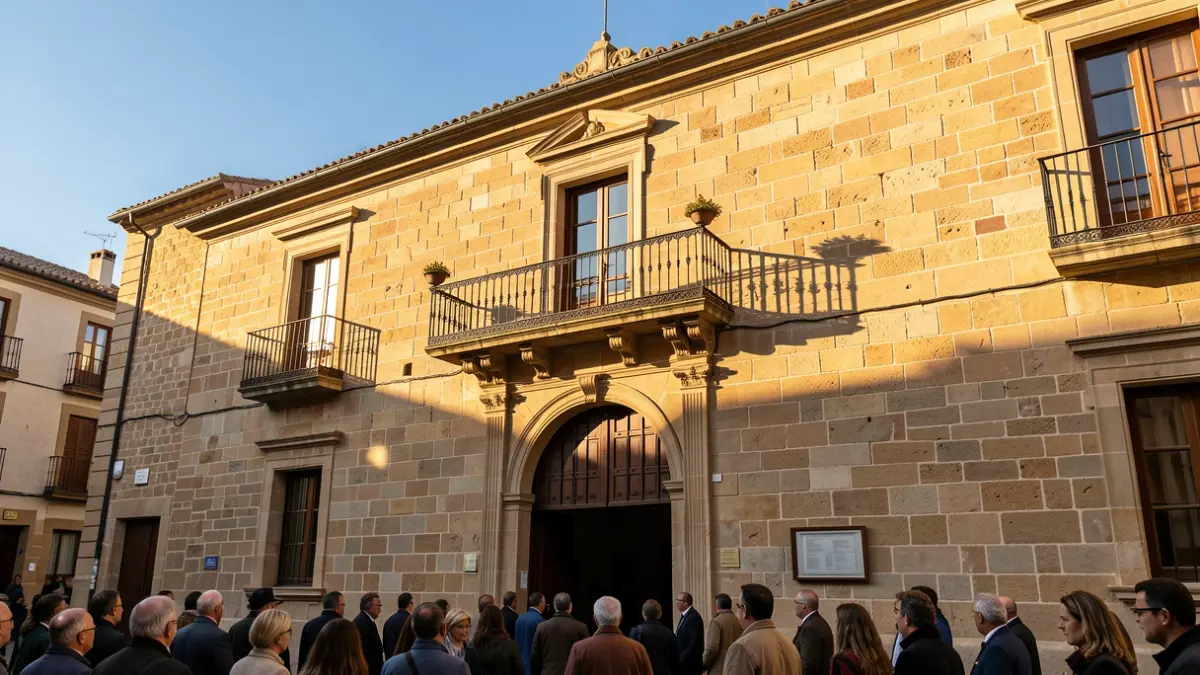 Fachada de un ayuntamiento de pueblo de piedra tradicional con balcón ornamentado y barandillas de hierro, bajo la cálida luz del sol de la tarde.
