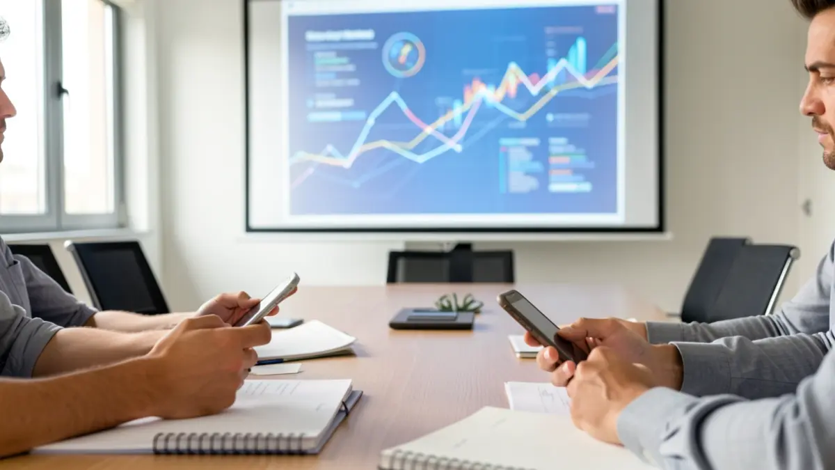 Generic image of a conference room with technology and finance elements.