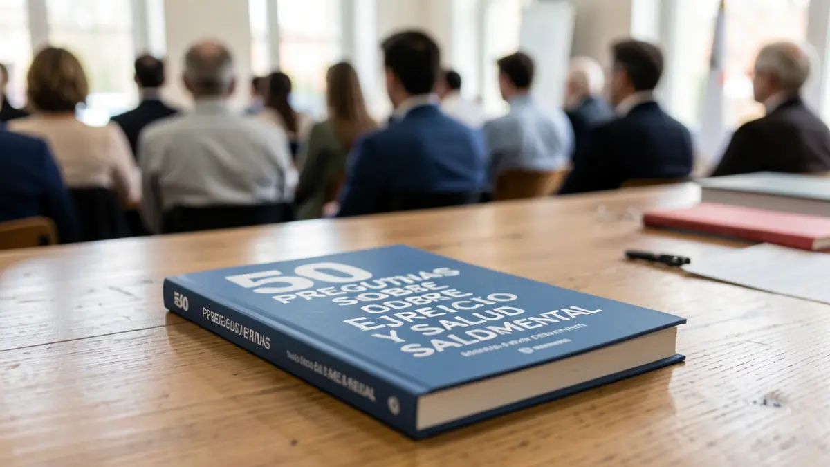 Close-up of a book about exercise and mental health on a wooden table.