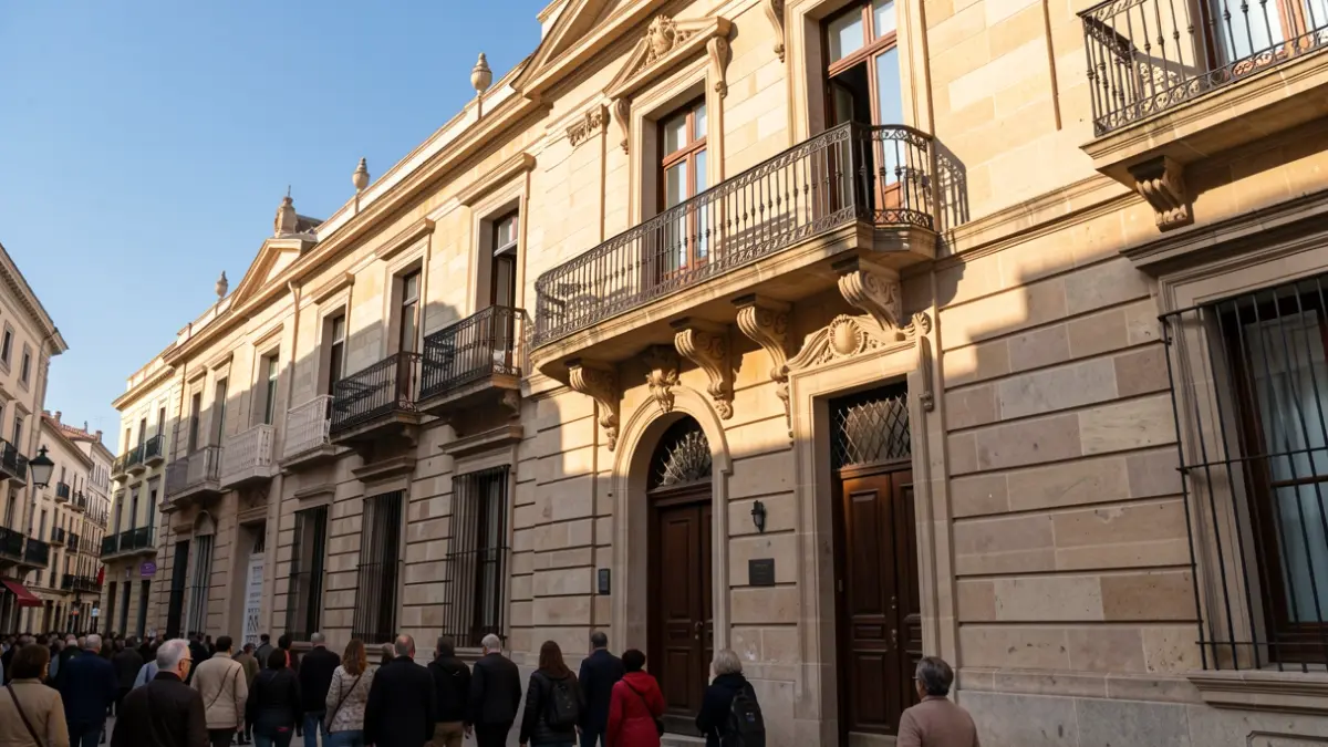 Stone facade of a town hall in the Community of Madrid with a balcony and iron railings, warm afternoon light.