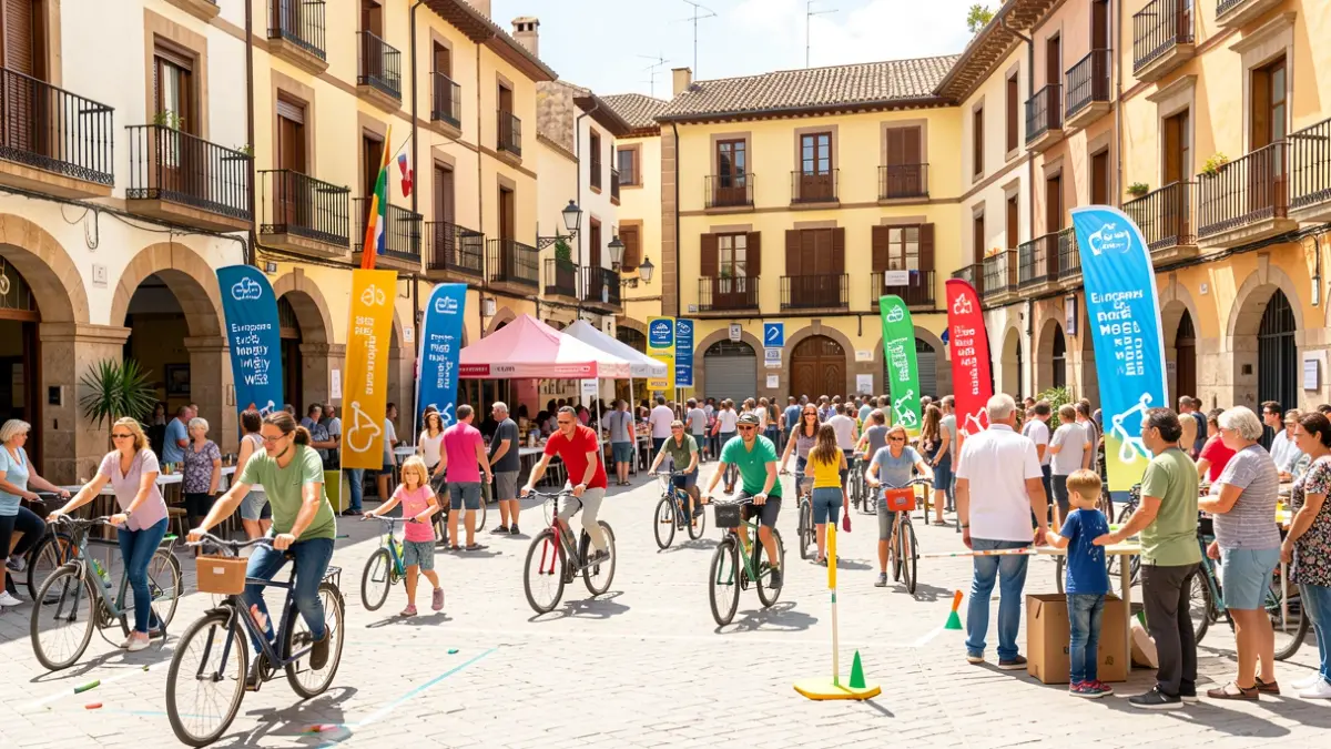 Generic image of a Spanish town square celebrating European Mobility Week with cycling and orientation activities.