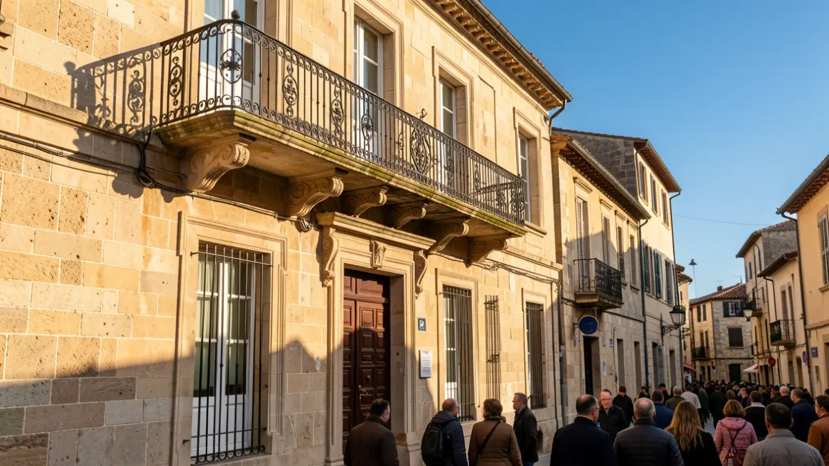 Fachada del Ayuntamiento de Manzanares el Real con balcón y barandillas de hierro, luz cálida de la tarde.