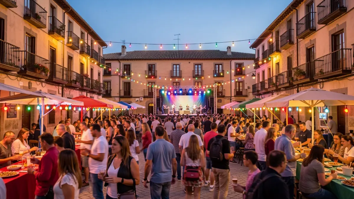 Generic image of a festive town square with lights and people.