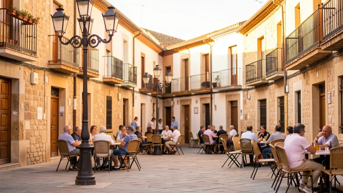 Generic image of a town square in Manzanares el Real with traditional architecture and street furniture.