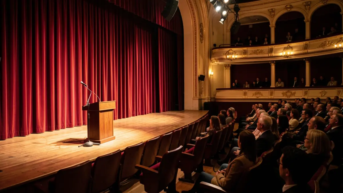 Escenario de teatro con cortinas de terciopelo y ambiente cultural.