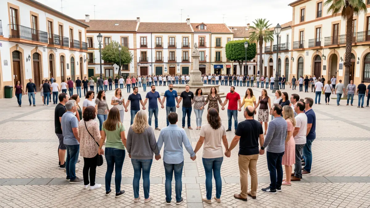 Imagen genérica de un grupo diverso de personas formando una cadena humana por la paz y contra el racismo en una plaza.