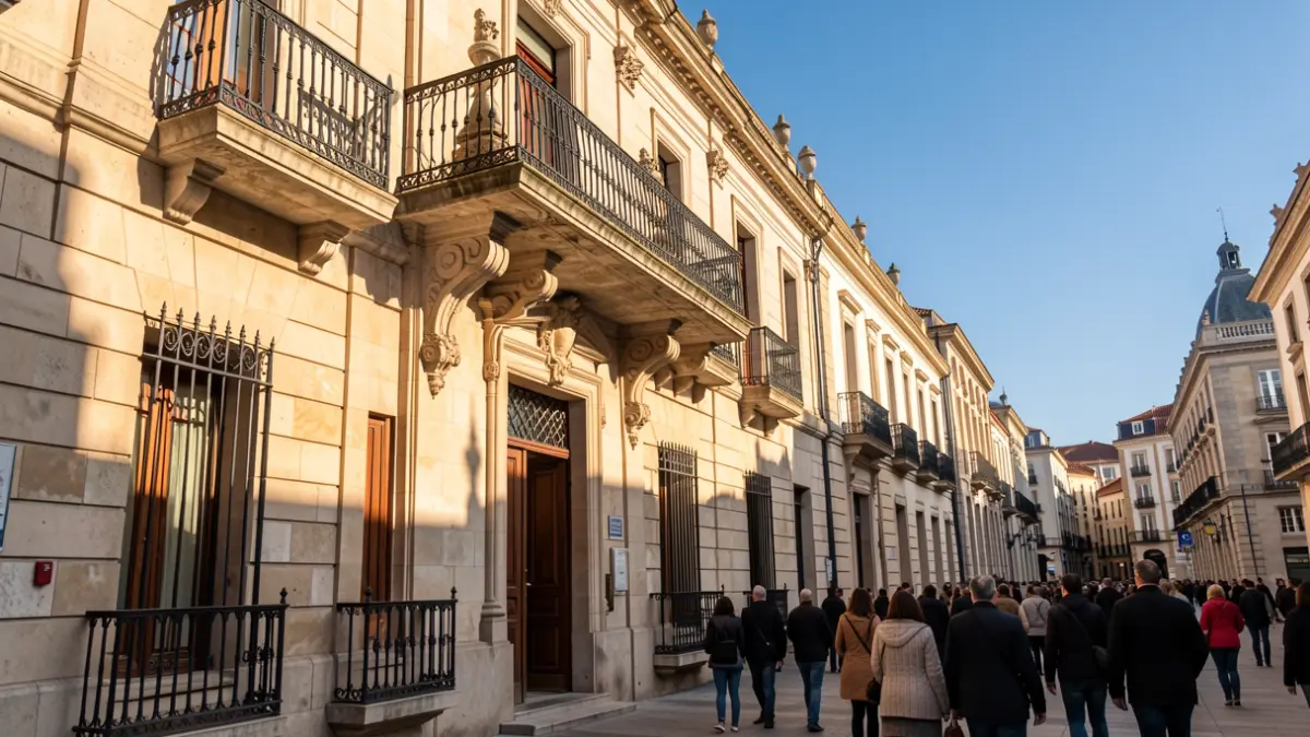 Stone facade of a la Comunidad de Madrid town hall with ornate balcony and iron railings, warm afternoon sunlight.