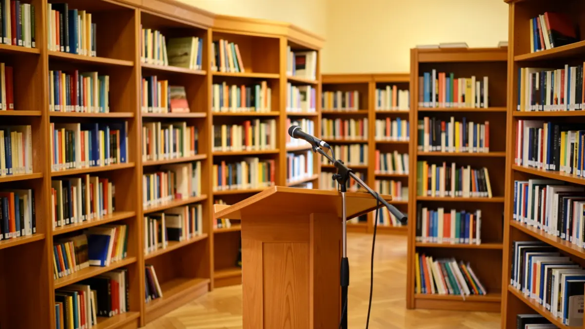 Generic image of a municipal library with bookshelves and a podium.