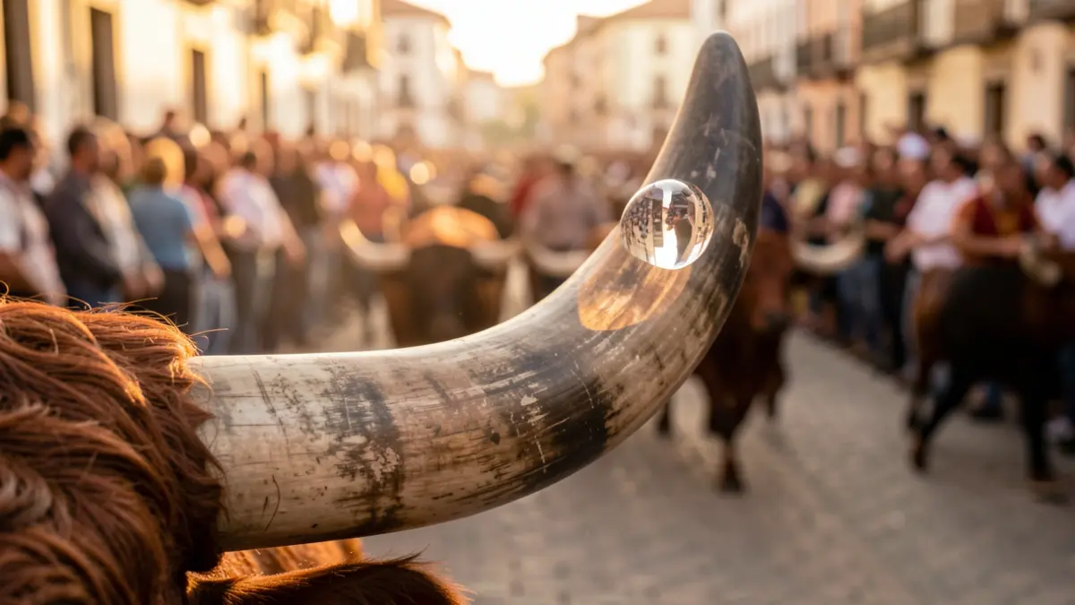 Primer plano de un cuerno de toro con el reflejo de una lente de cámara, en el contexto de un encierro.