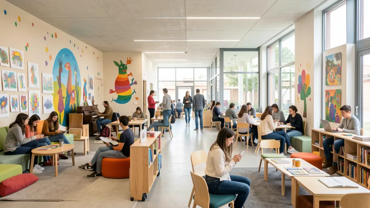Imagen genérica del interior de un centro juvenil moderno en Torrelodones, con zonas para actividades artísticas, musicales y de estudio.