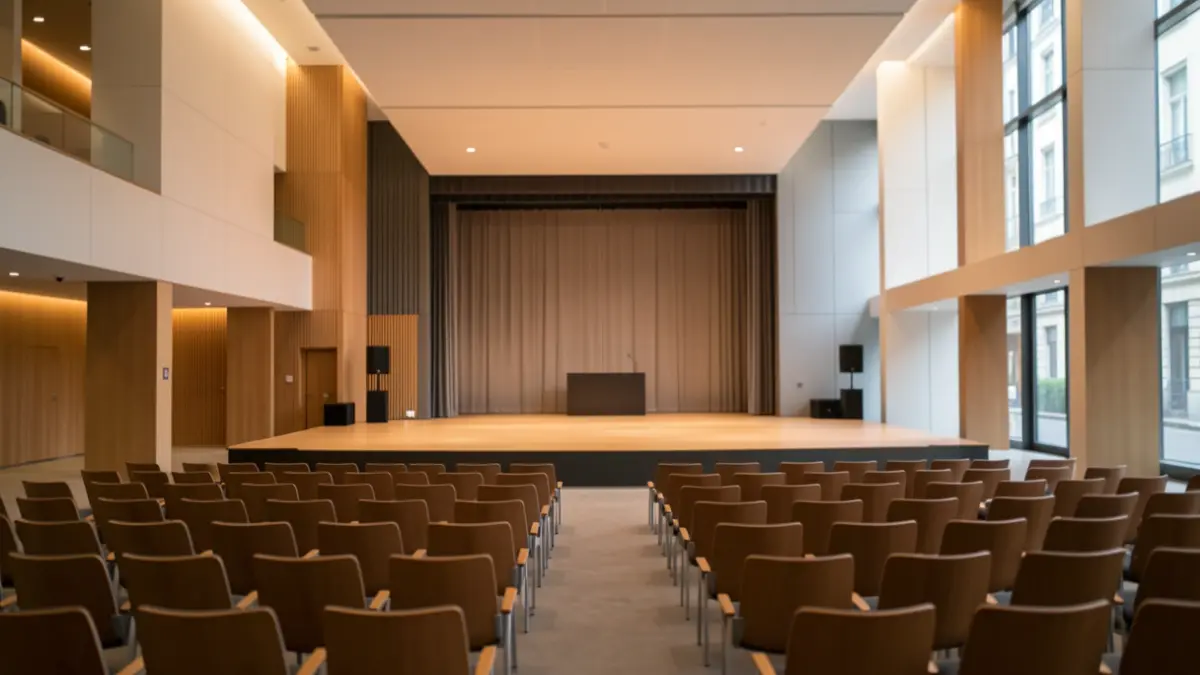 Generic image of a modern cultural center with a stage and empty seats.