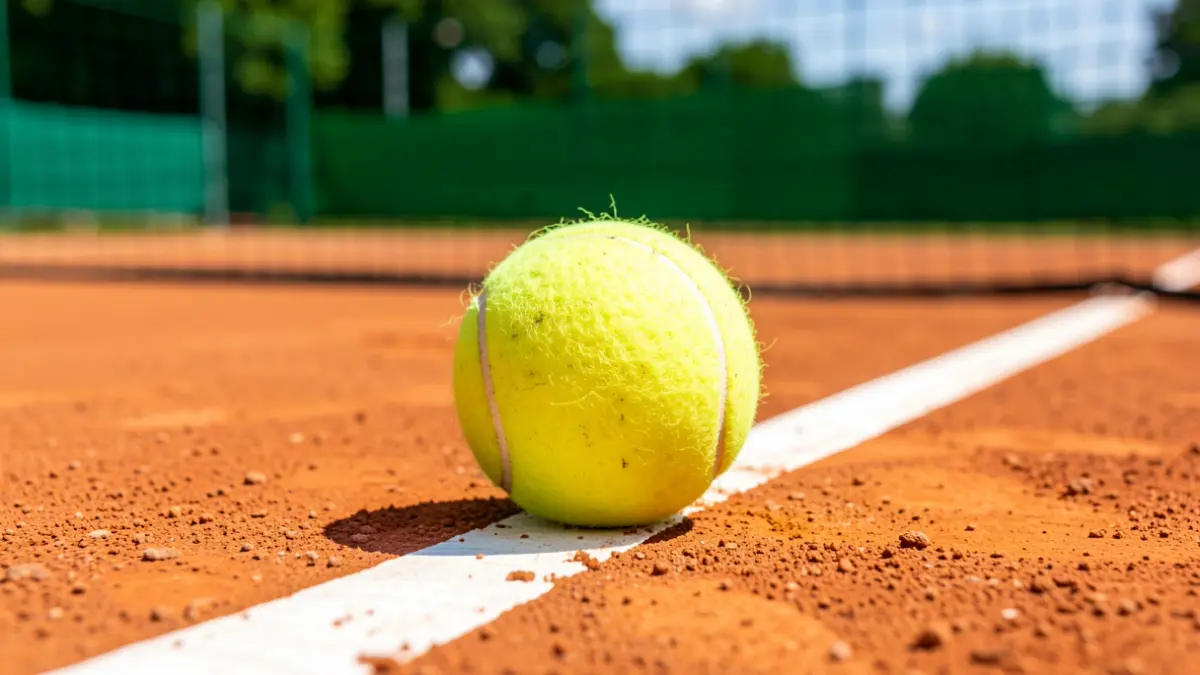 Close-up of a tennis ball on a clay court.