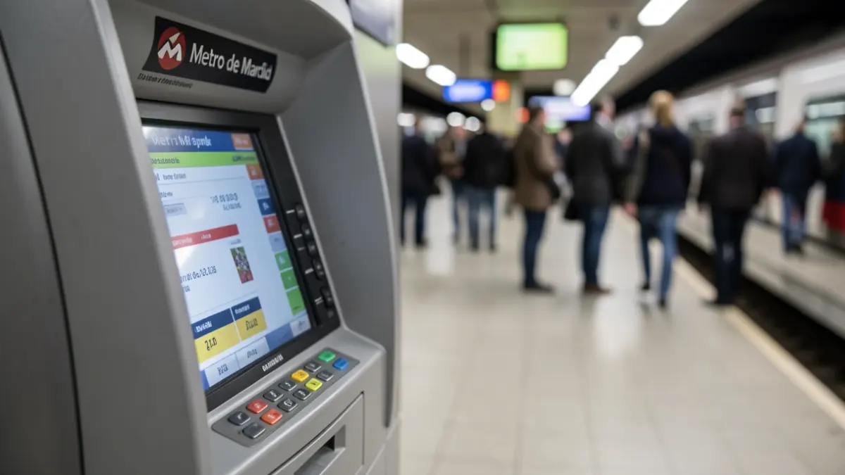 Máquina expendedora de billetes del Metro de Madrid en una estación vacía.