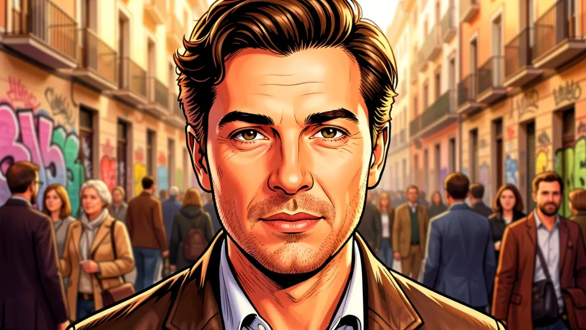Ilustración digital de un retrato de artista con estilo realista y de cómic, fondo urbano de Madrid.