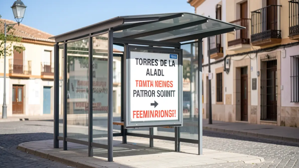 Image of a bus stop in Torres de la Alameda with temporary signage due to festivities.