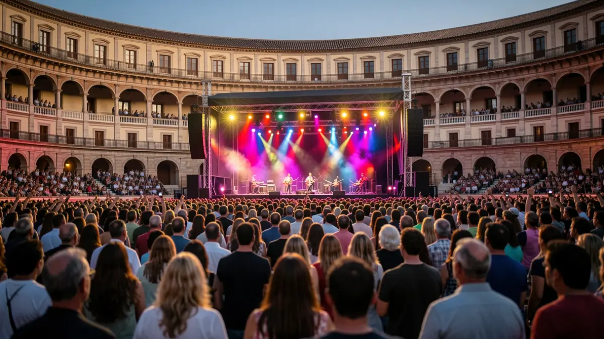 Imagen genérica de un concierto de rock al aire libre en una plaza de toros de la Comunidad de Madrid al atardecer, con luces de escenario y público difuminado.