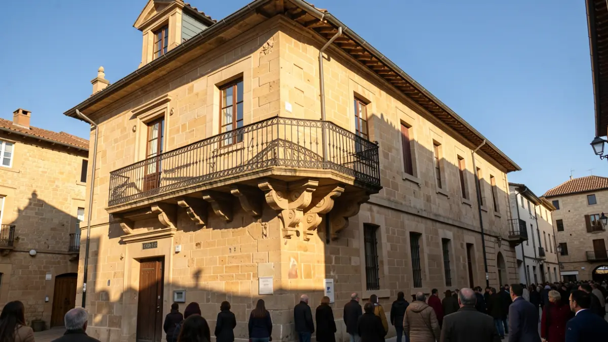 Fachada de un ayuntamiento tradicional de piedra con balcón y barandillas de hierro, luz cálida de la tarde proyectando sombras en las paredes de arenisca, cielo azul.