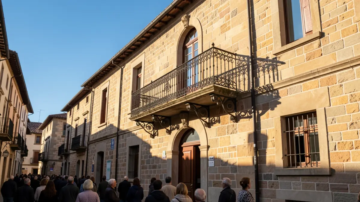 Fachada del Ayuntamiento de Moralzarzal con balcón y barandillas de hierro, luz cálida de la tarde.