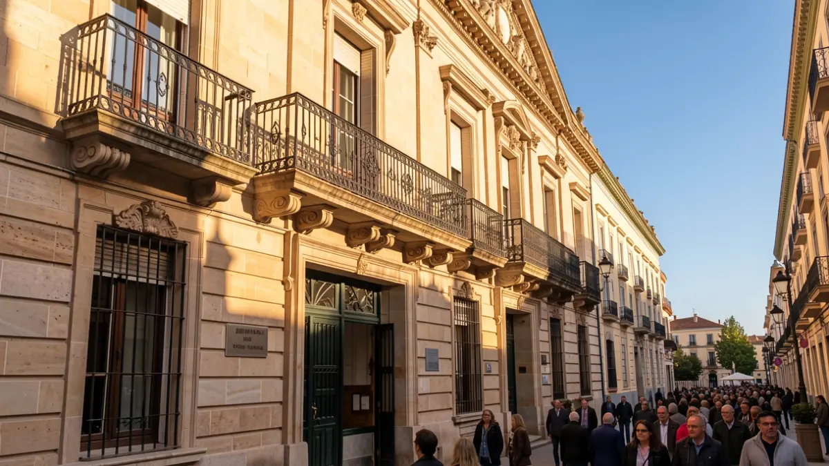 Stone facade of a la Comunidad de Madrid town hall with ornate balcony and iron railings, warm afternoon sunlight.