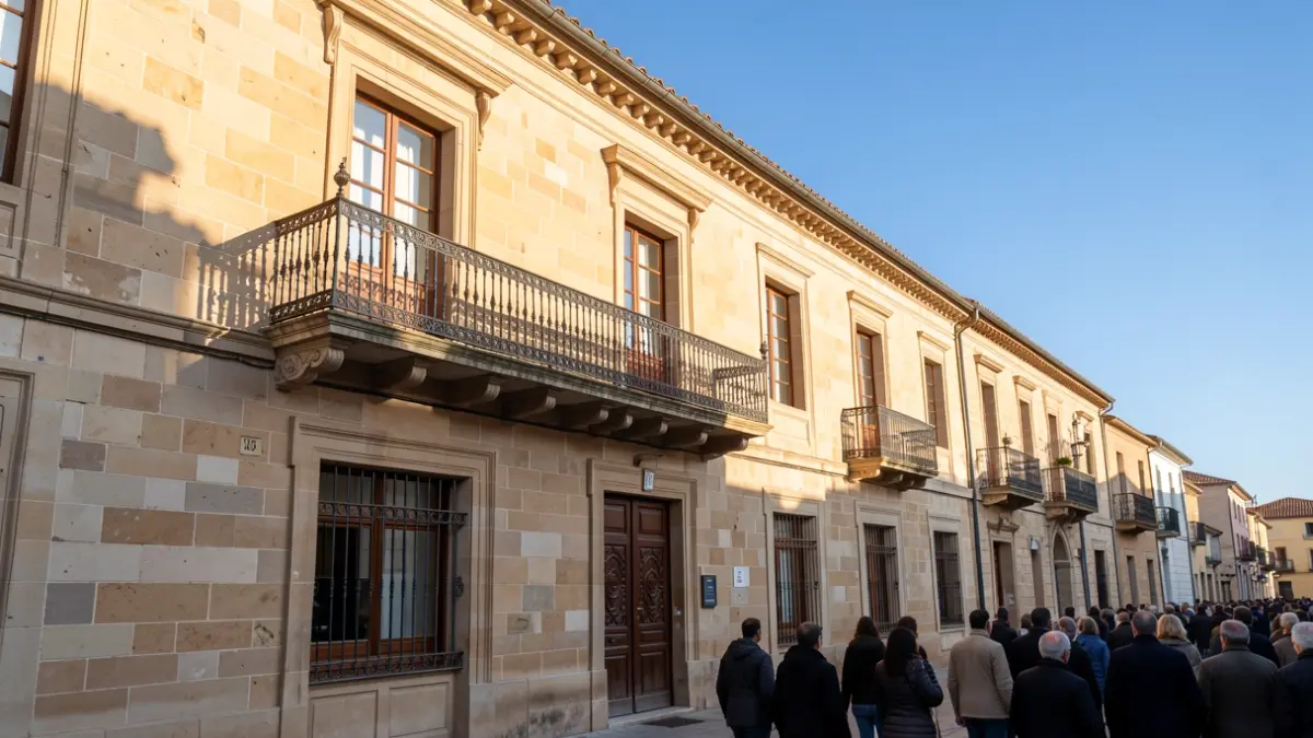 Facade of the Moralzarzal town hall with balcony and iron railings, under warm afternoon light.